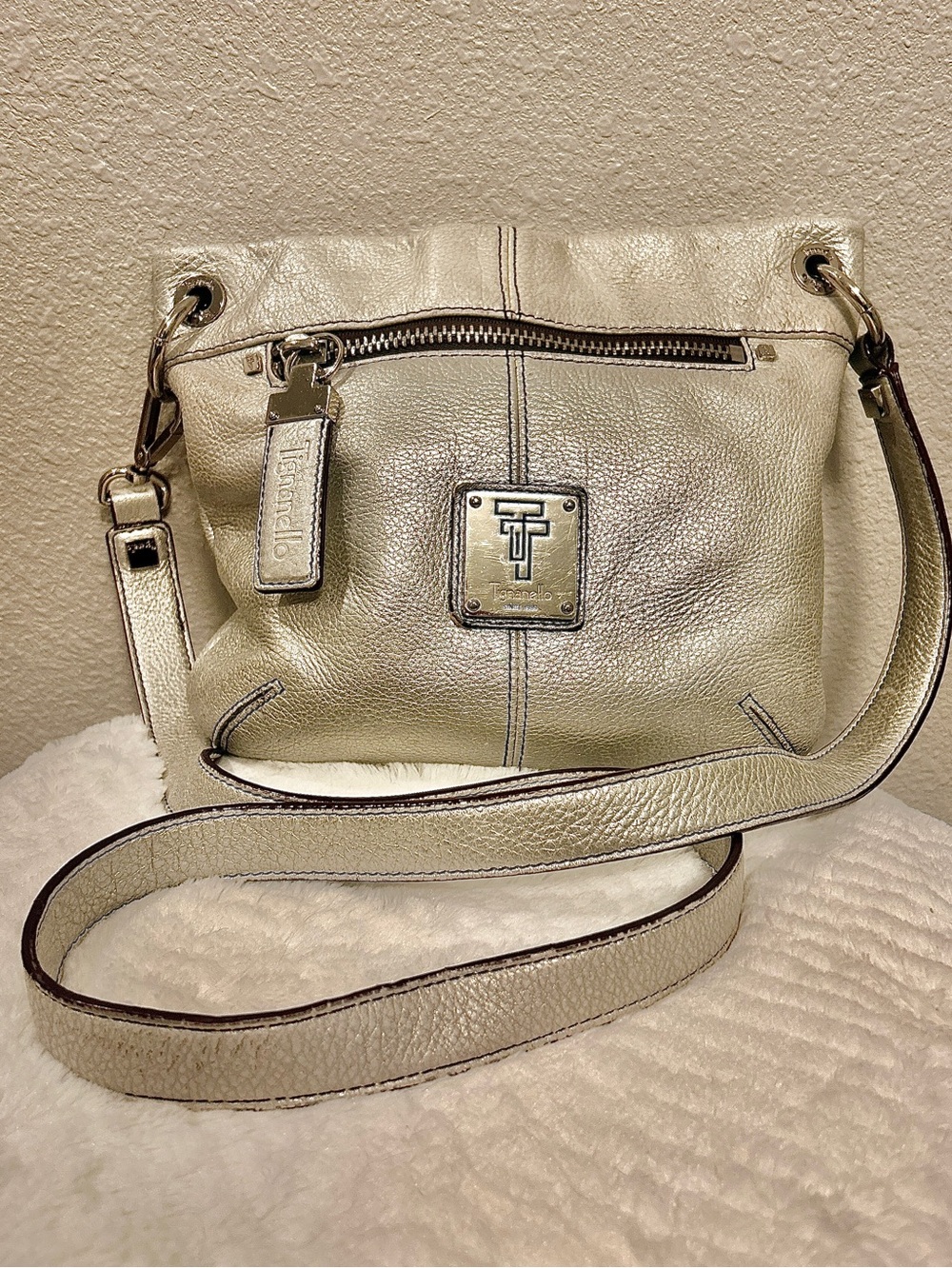 Tignanello Metallic Silver Leather Shoulder Bag with Logo Plaque  10 by 9 inches